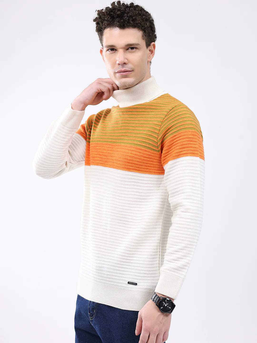 Men White & Orange Self Design High Neck Full Sleeve Pullover - Image 3