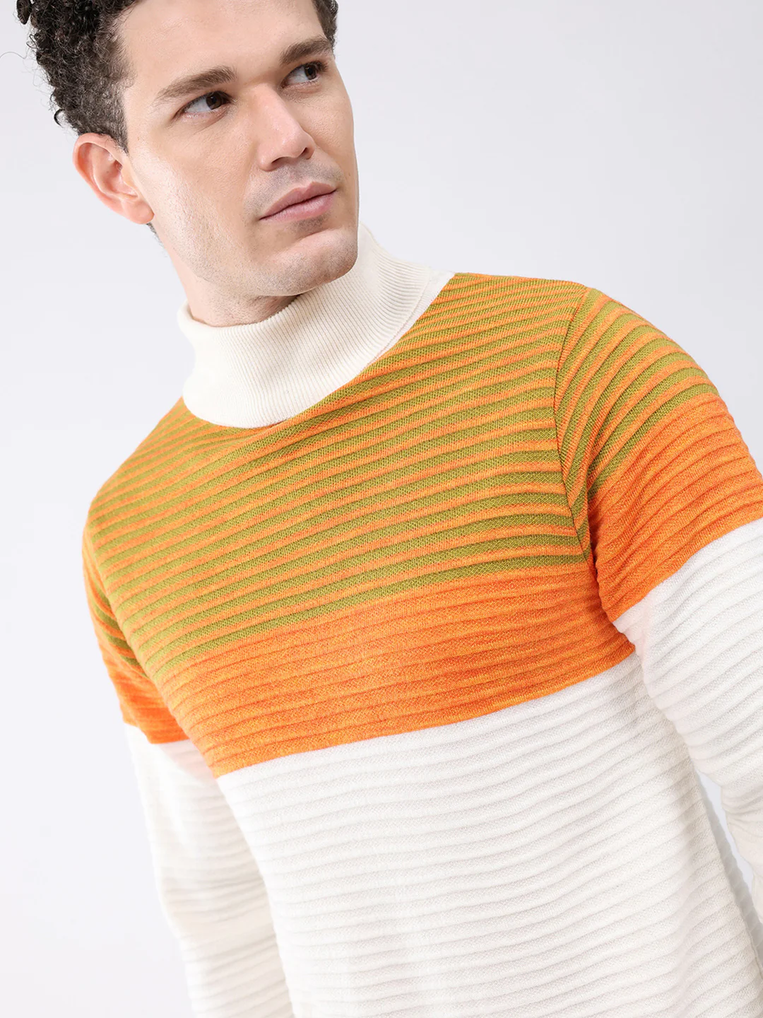 Men White & Orange Self Design High Neck Full Sleeve Pullover - Image 6