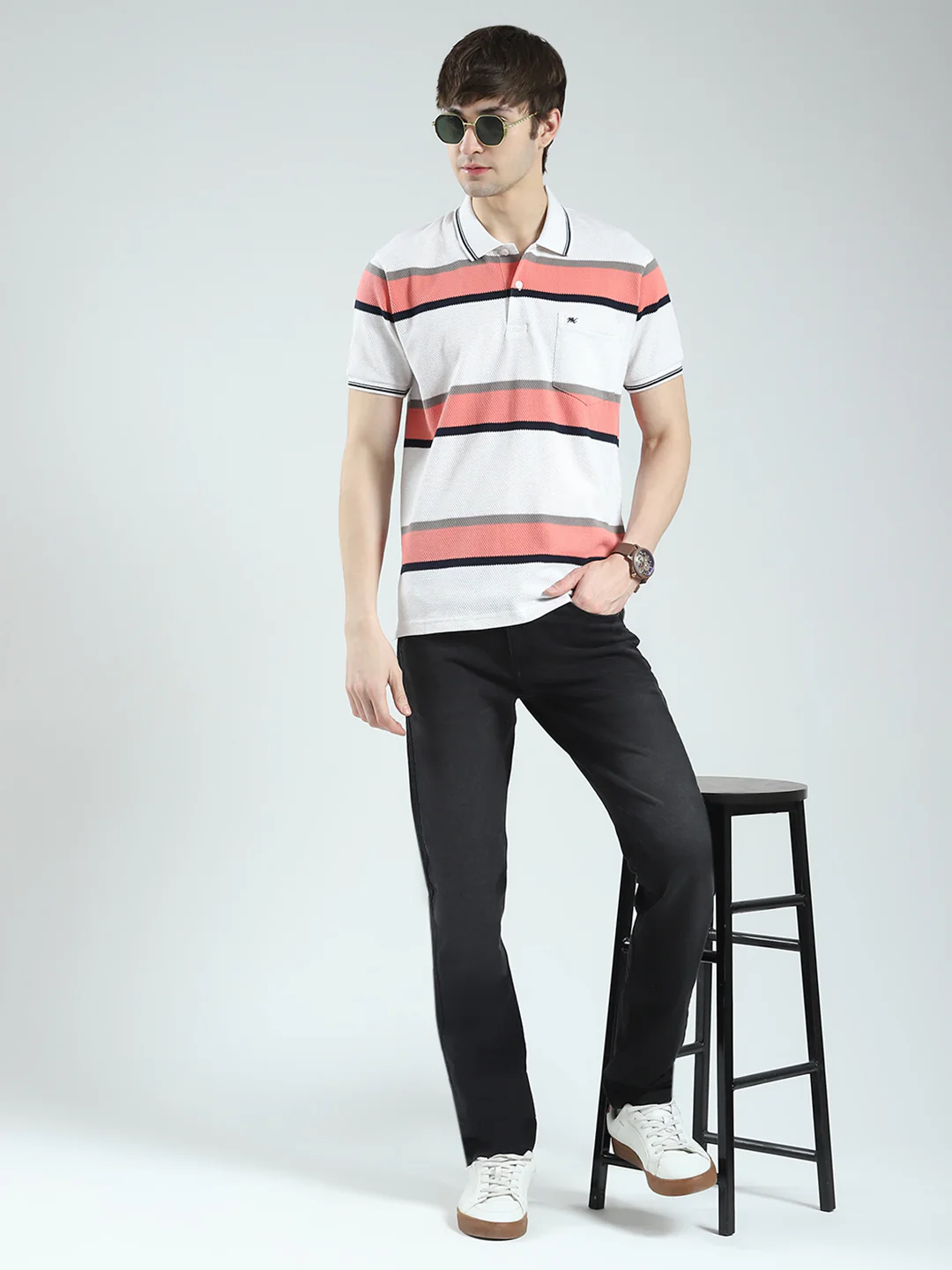 Men White & Orange Stripe Collar Half Sleeve T-Shirt - Image 2
