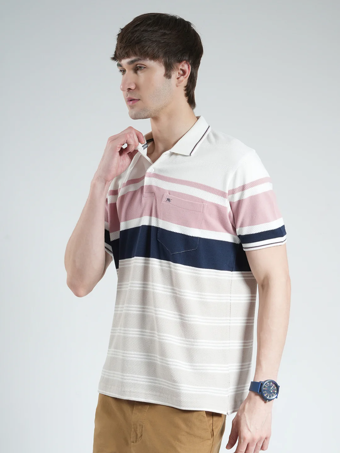 Men White & Pink Stripe Collar Half Sleeve T-Shirt - Image 3
