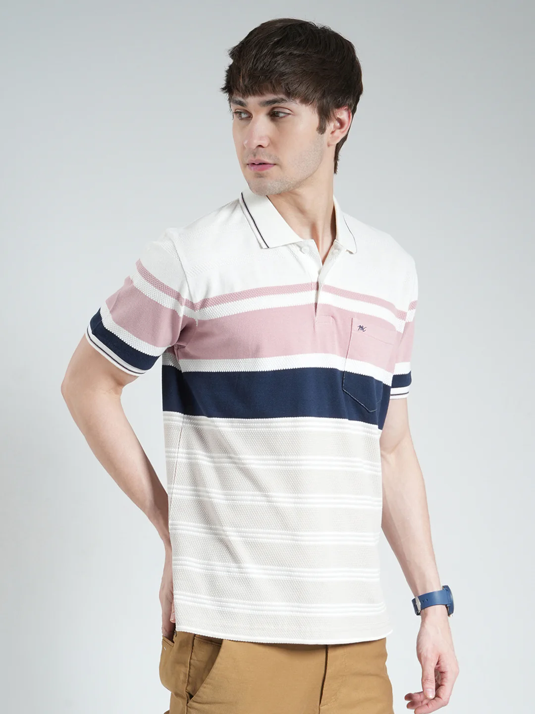 Men White & Pink Stripe Collar Half Sleeve T-Shirt - Image 4