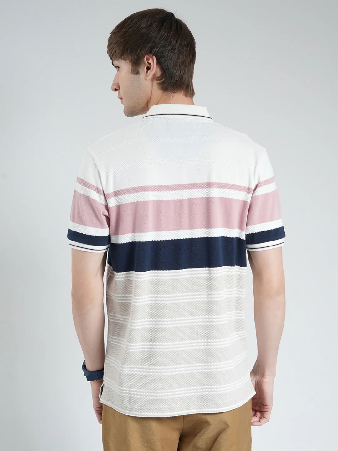 Men White & Pink Stripe Collar Half Sleeve T-Shirt - Image 5