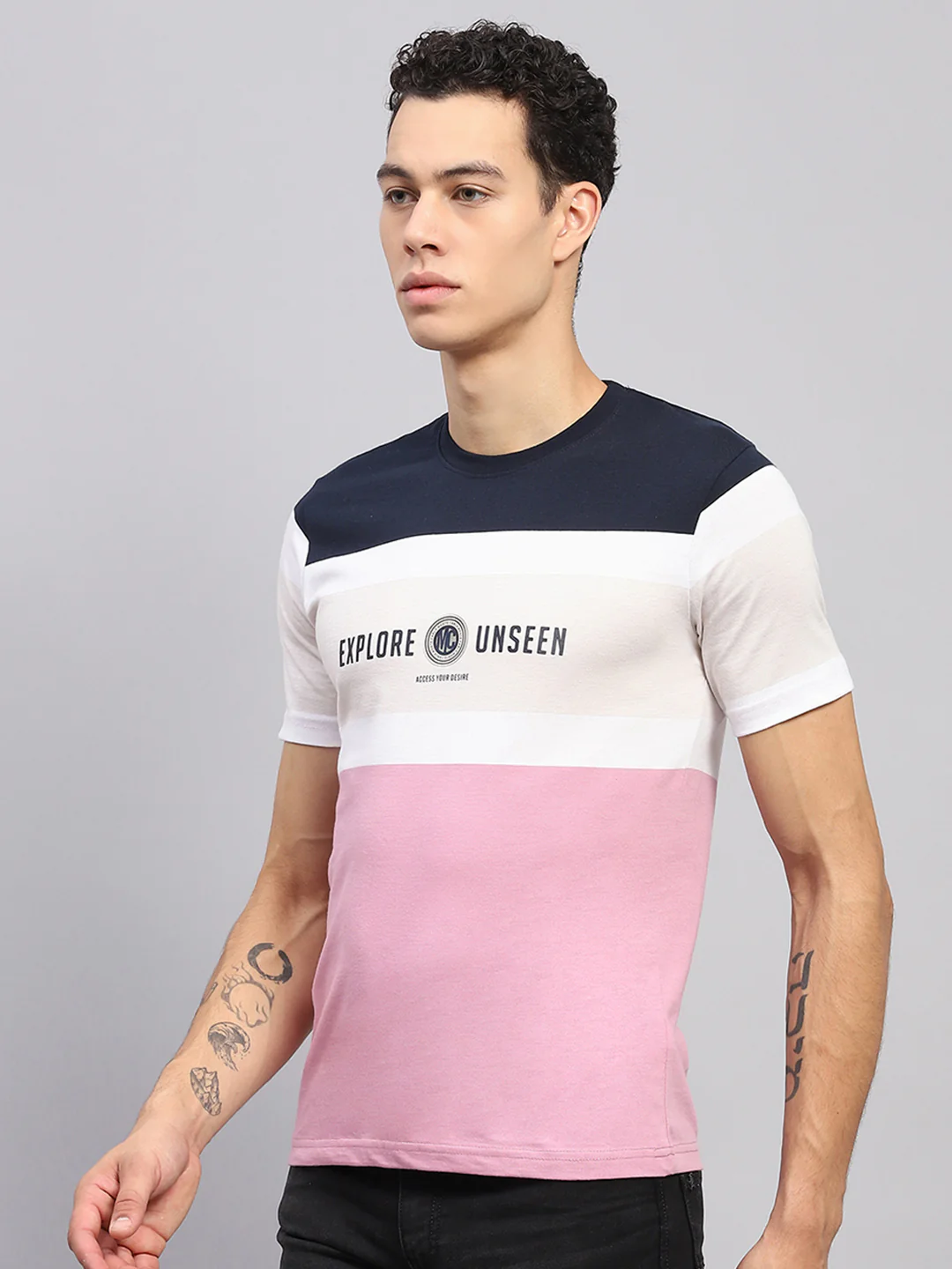 Men White & Pink Stripe Round Neck Half Sleeve T-Shirt - Image 3