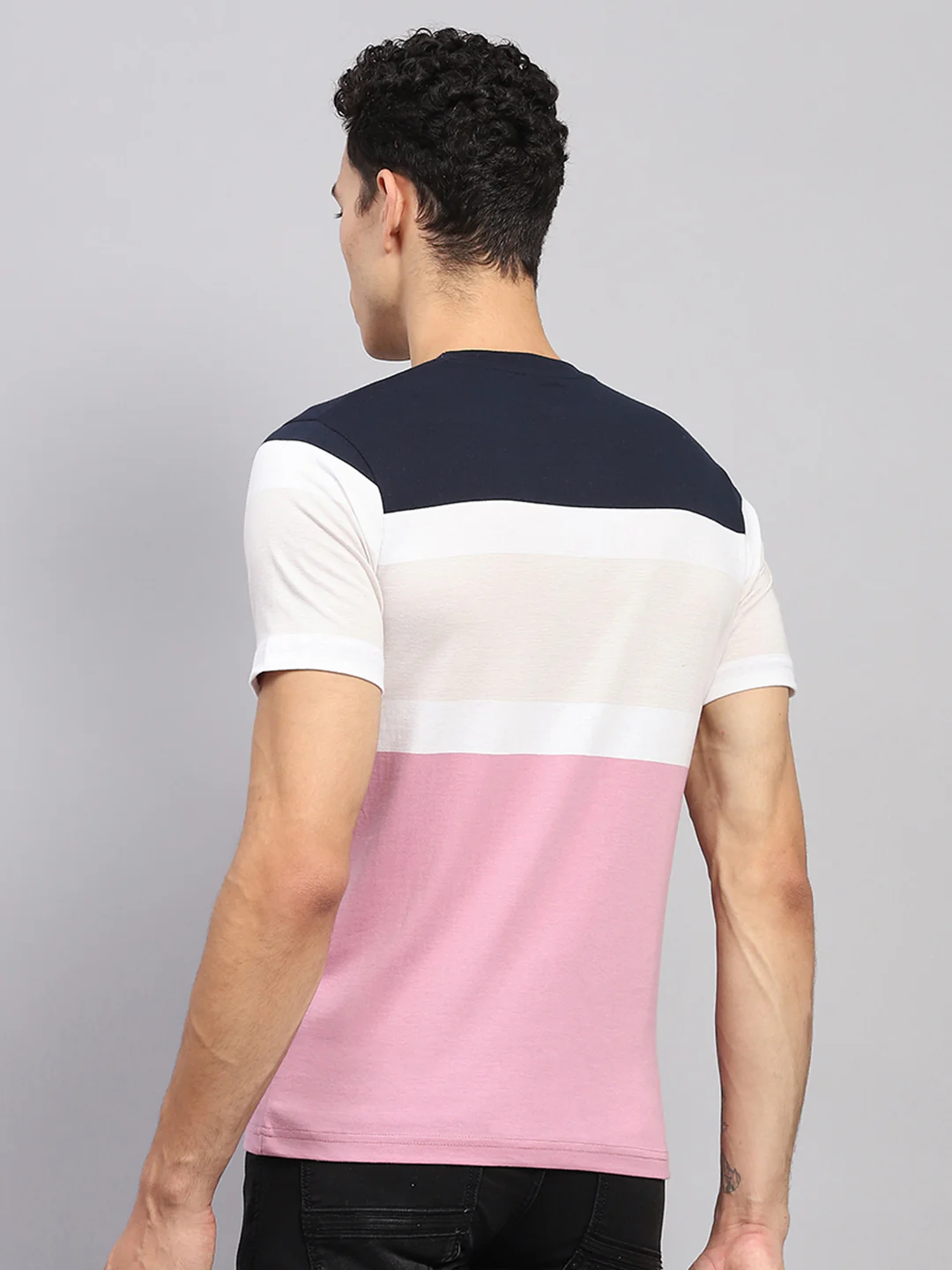Men White & Pink Stripe Round Neck Half Sleeve T-Shirt - Image 5