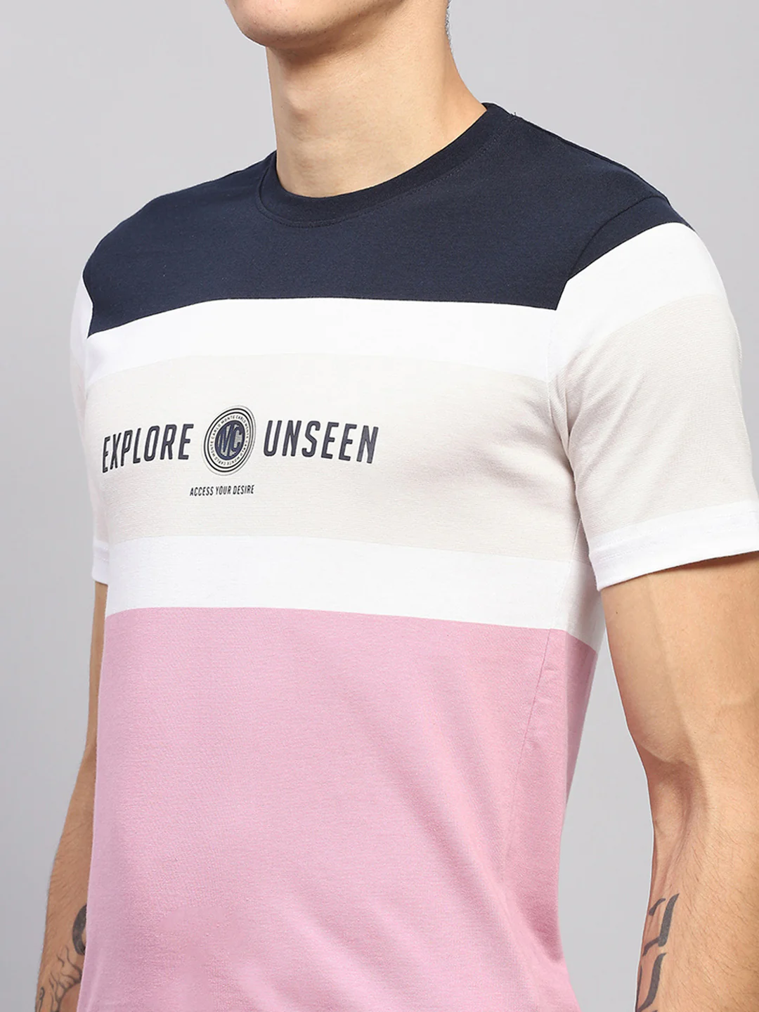 Men White & Pink Stripe Round Neck Half Sleeve T-Shirt - Image 6