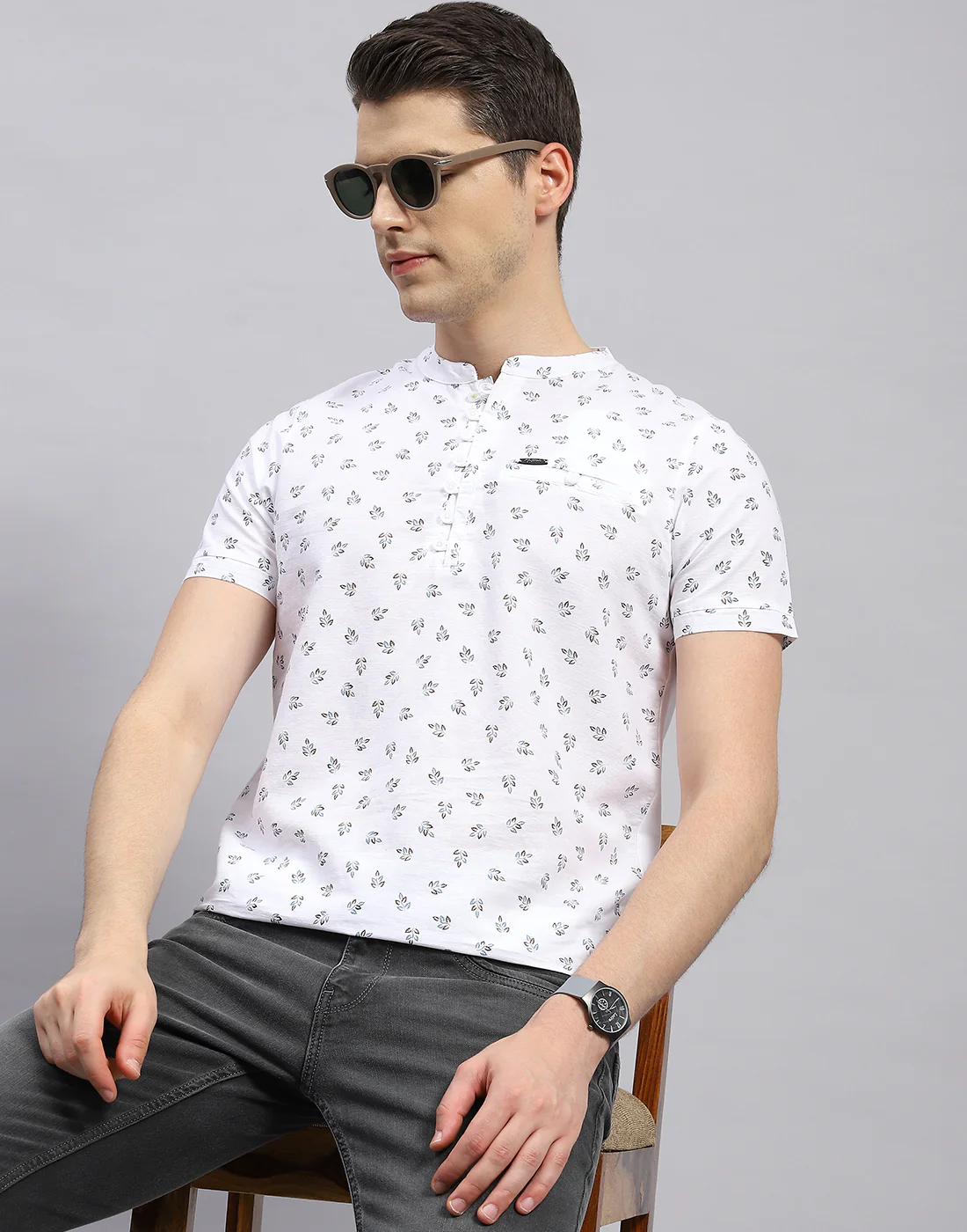 Men White Printed Band Collar Half Sleeve Kurta - Image 6