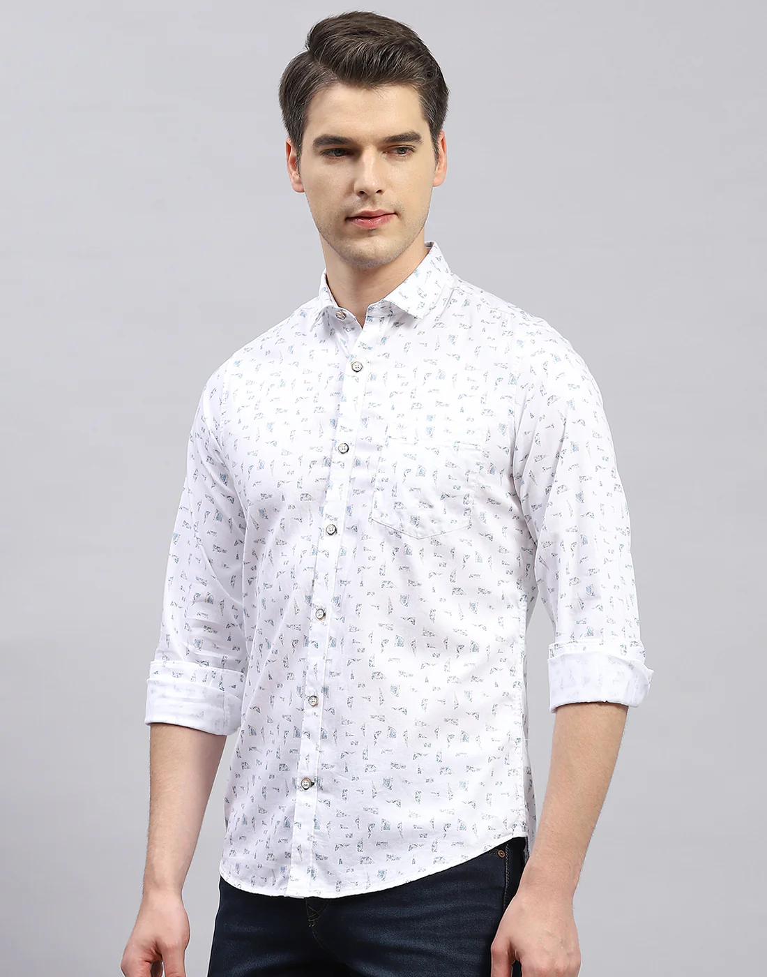 Men White Printed Collar Full Sleeve Shirt - Image 3