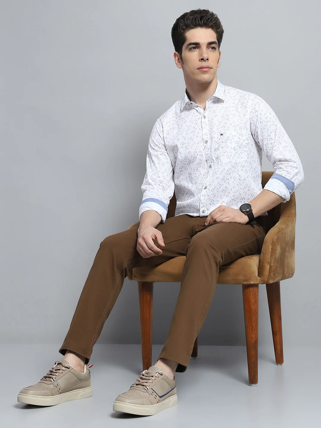 Men White Printed Collar Full Sleeve Shirt - Image 2