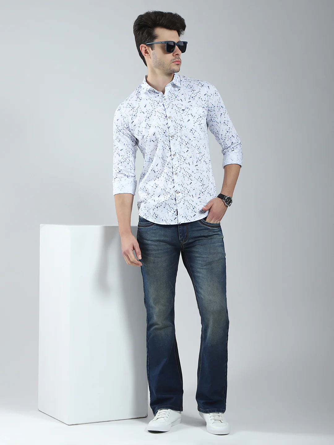 Men White Printed Collar Full Sleeve Shirt - Image 2