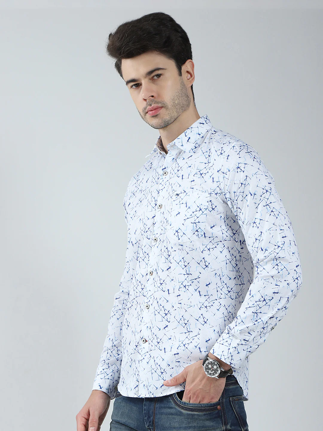 Men White Printed Collar Full Sleeve Shirt - Image 3