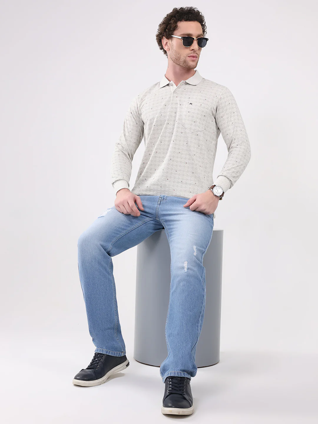 Men White Printed Collar Full Sleeve Winter T-Shirt - Image 2