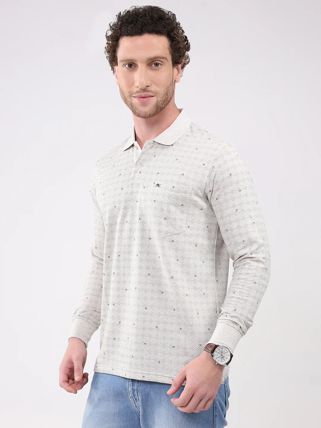 Men White Printed Collar Full Sleeve Winter T-Shirt - Image 3
