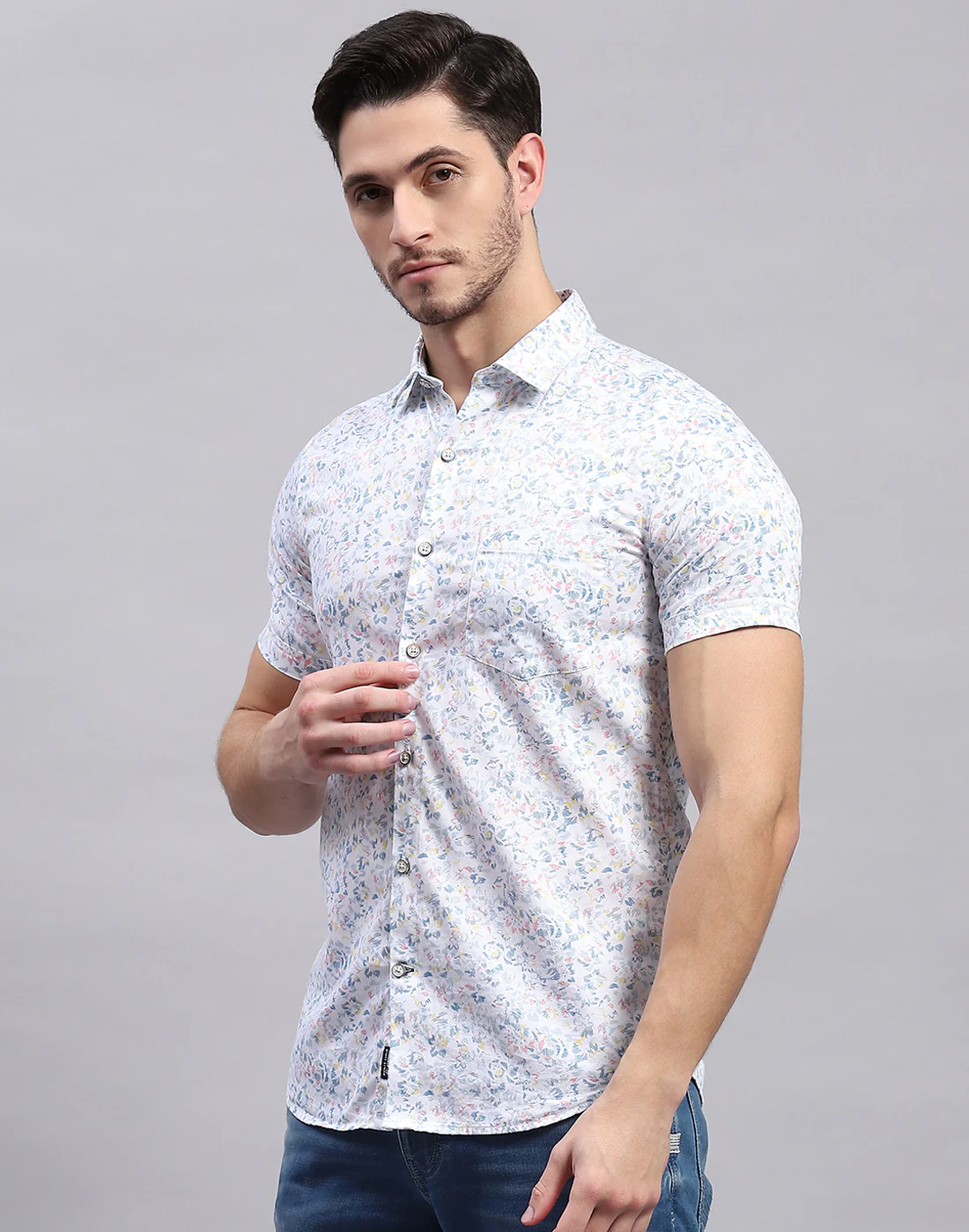 Men White Printed Collar Half Sleeve Shirt - Image 3