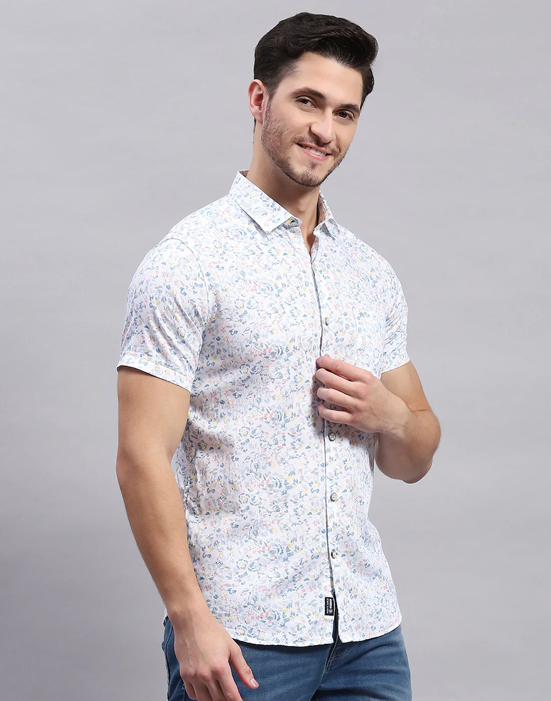 Men White Printed Collar Half Sleeve Shirt - Image 4