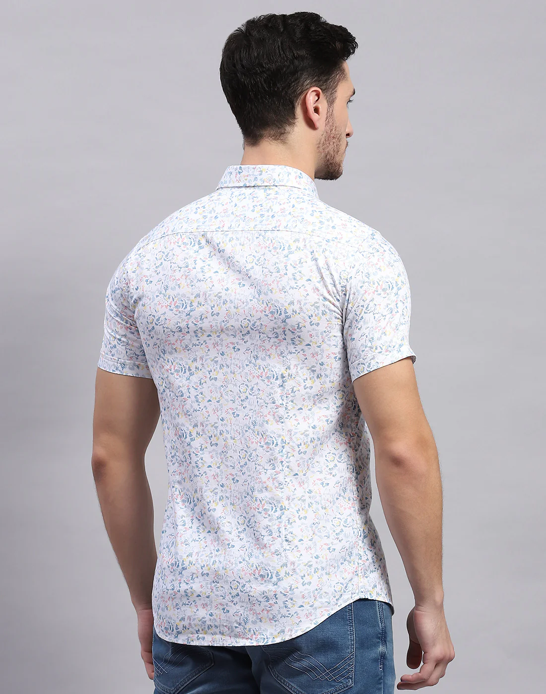 Men White Printed Collar Half Sleeve Shirt - Image 5