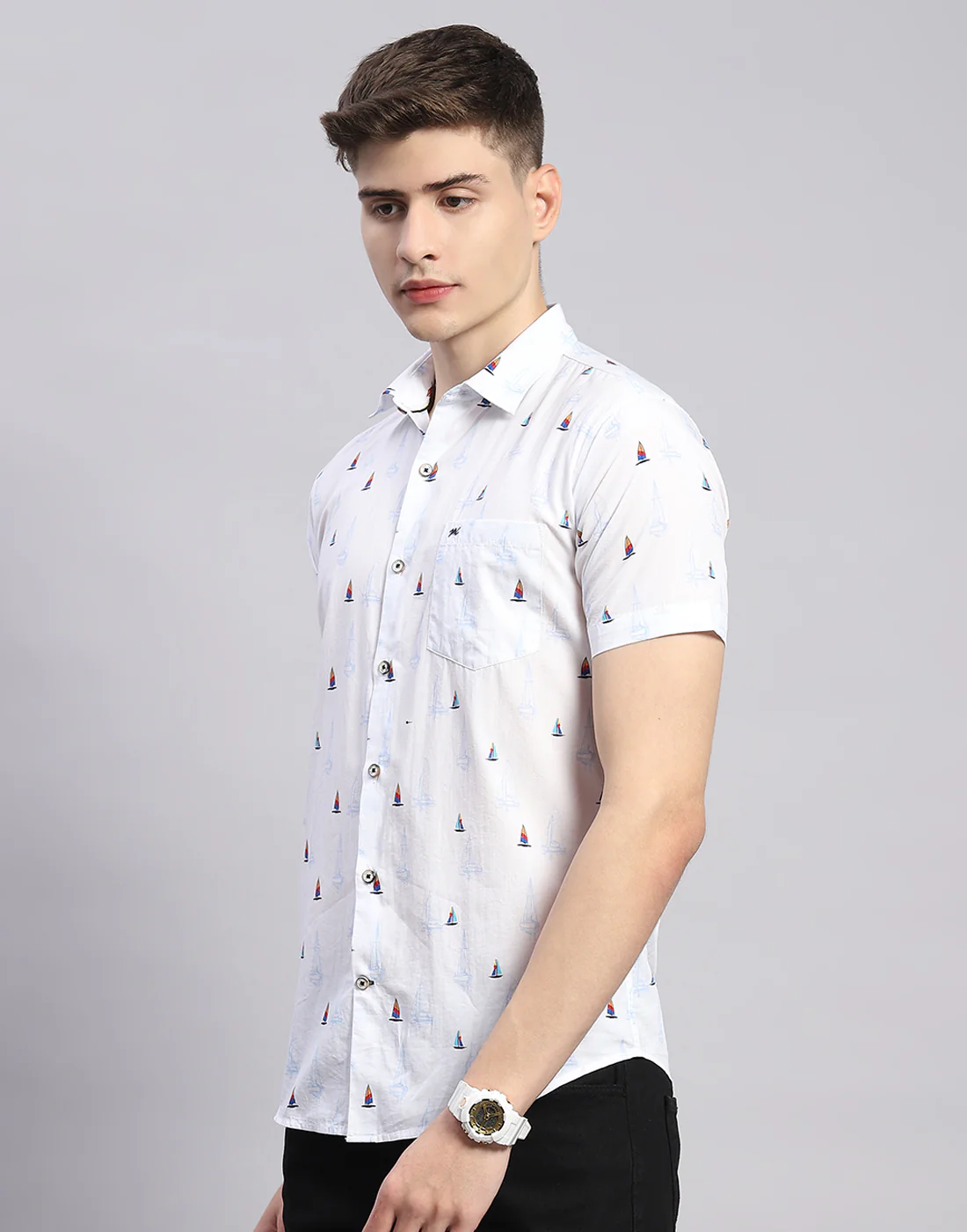 Men White Printed Collar Half Sleeve Shirt - Image 3