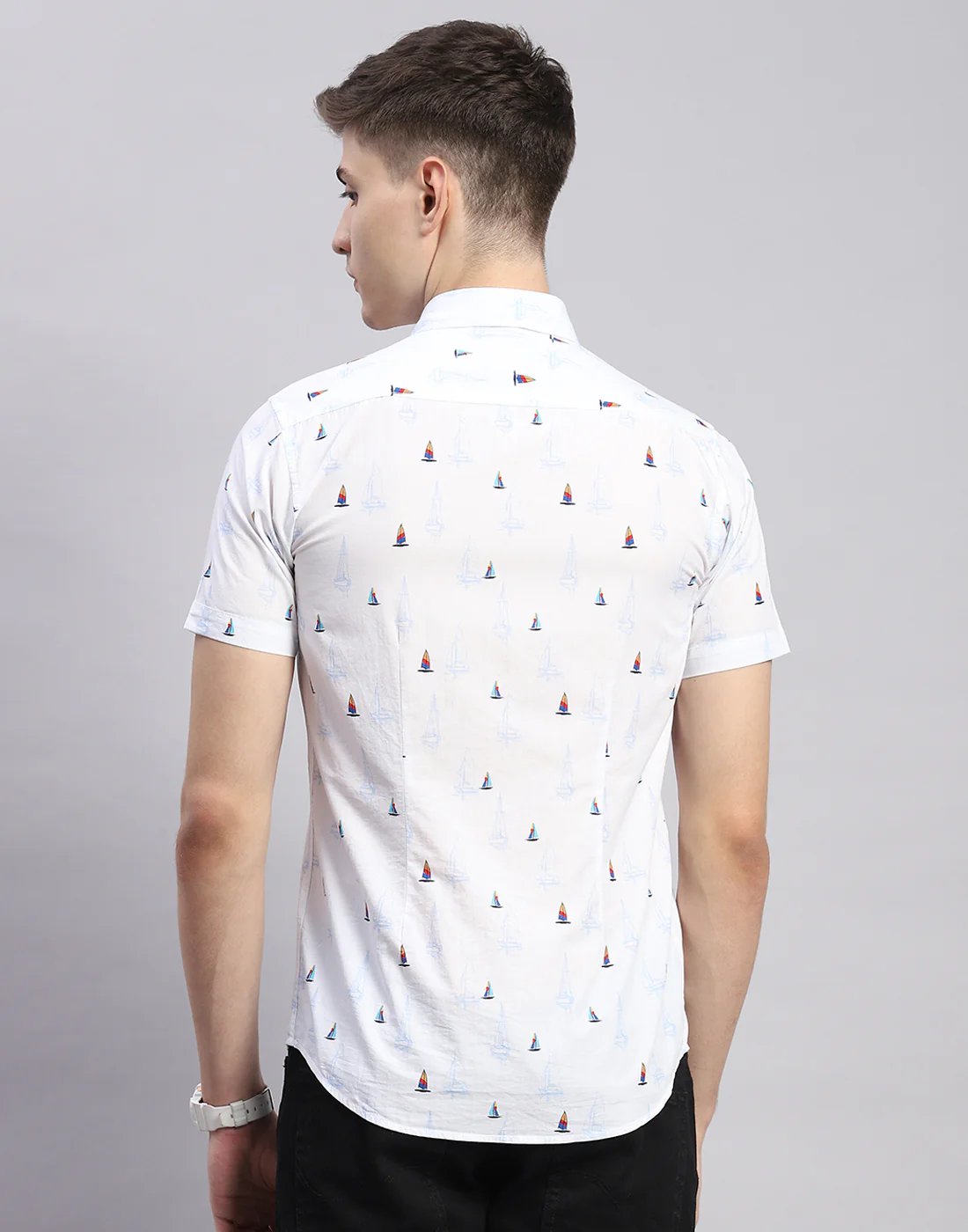 Men White Printed Collar Half Sleeve Shirt - Image 5
