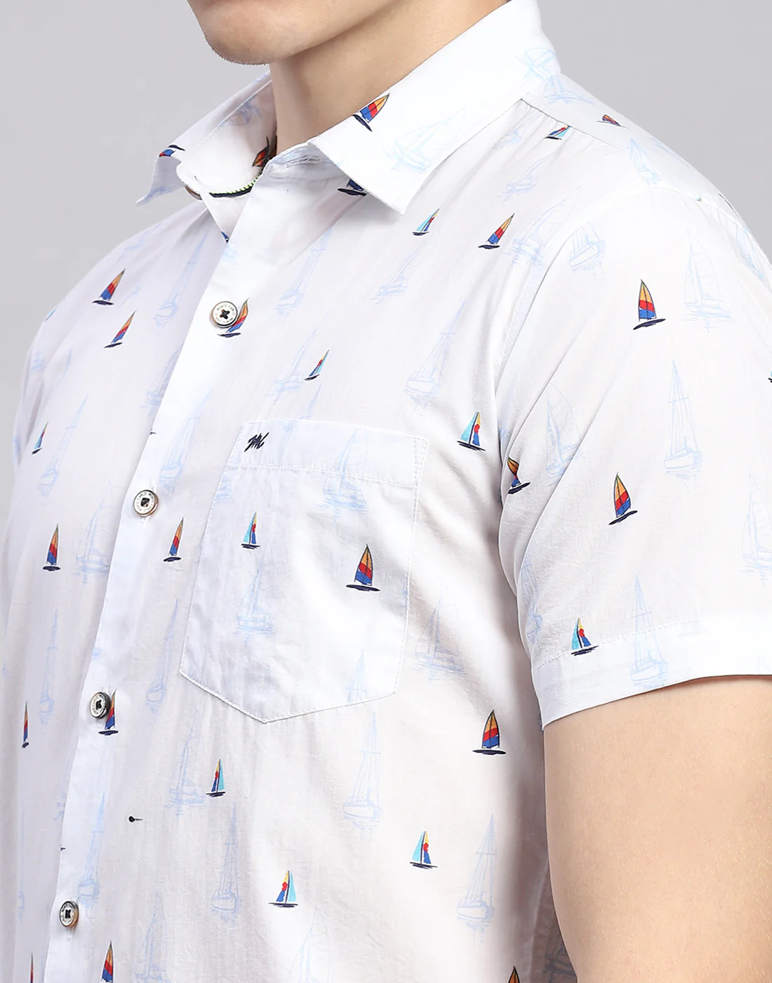 Men White Printed Collar Half Sleeve Shirt - Image 6