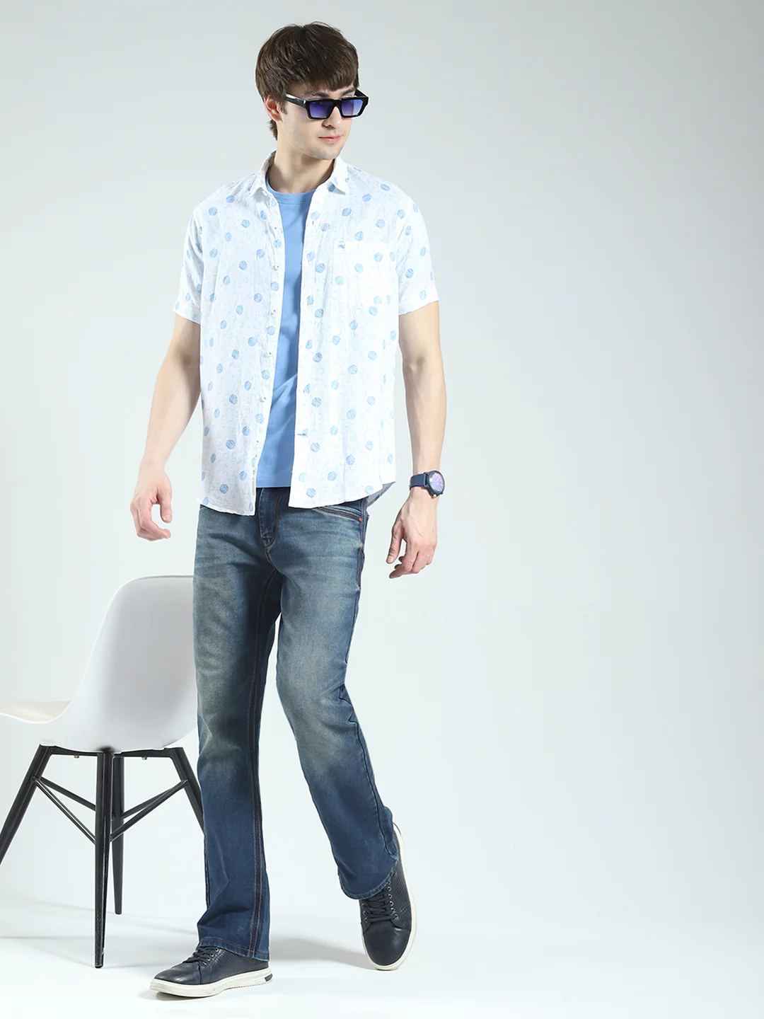 Men White Printed Collar Half Sleeve Linen Shirt - Image 2