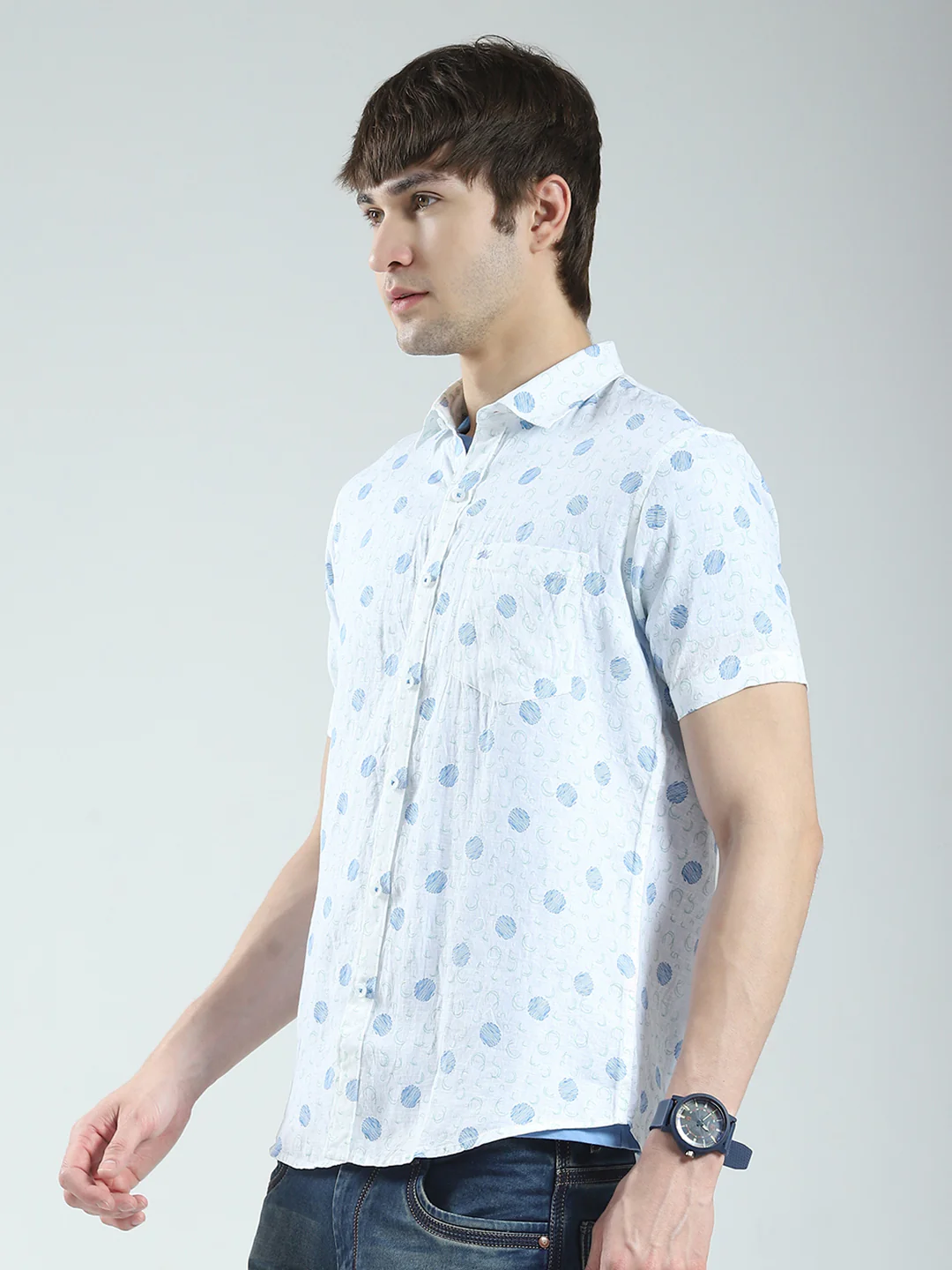 Men White Printed Collar Half Sleeve Linen Shirt - Image 3