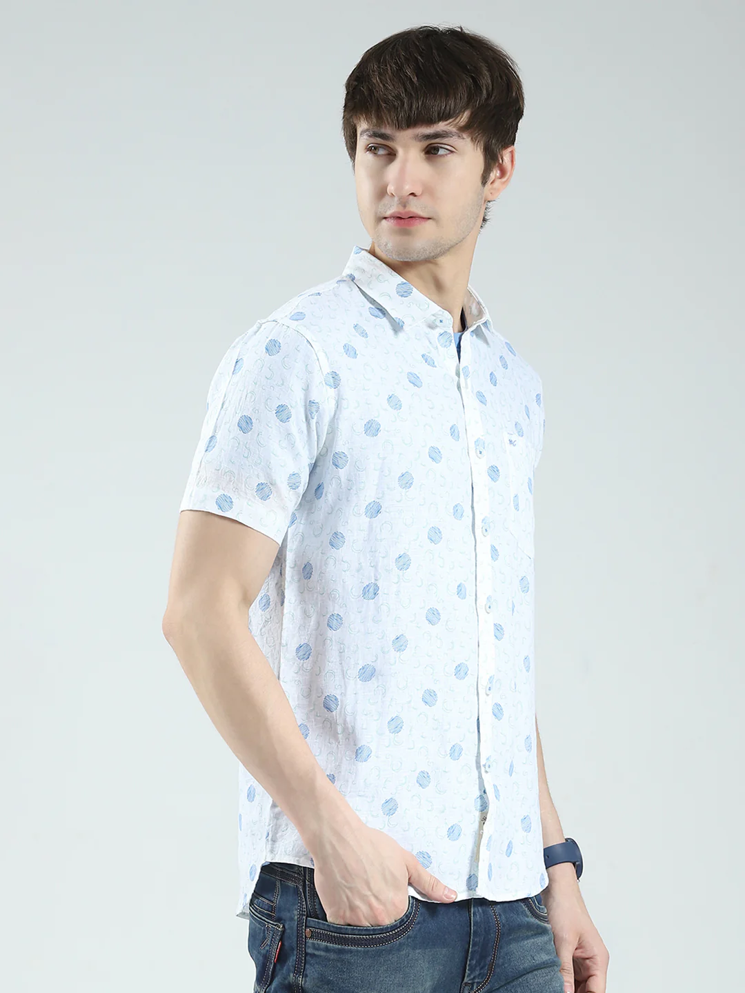 Men White Printed Collar Half Sleeve Linen Shirt - Image 4