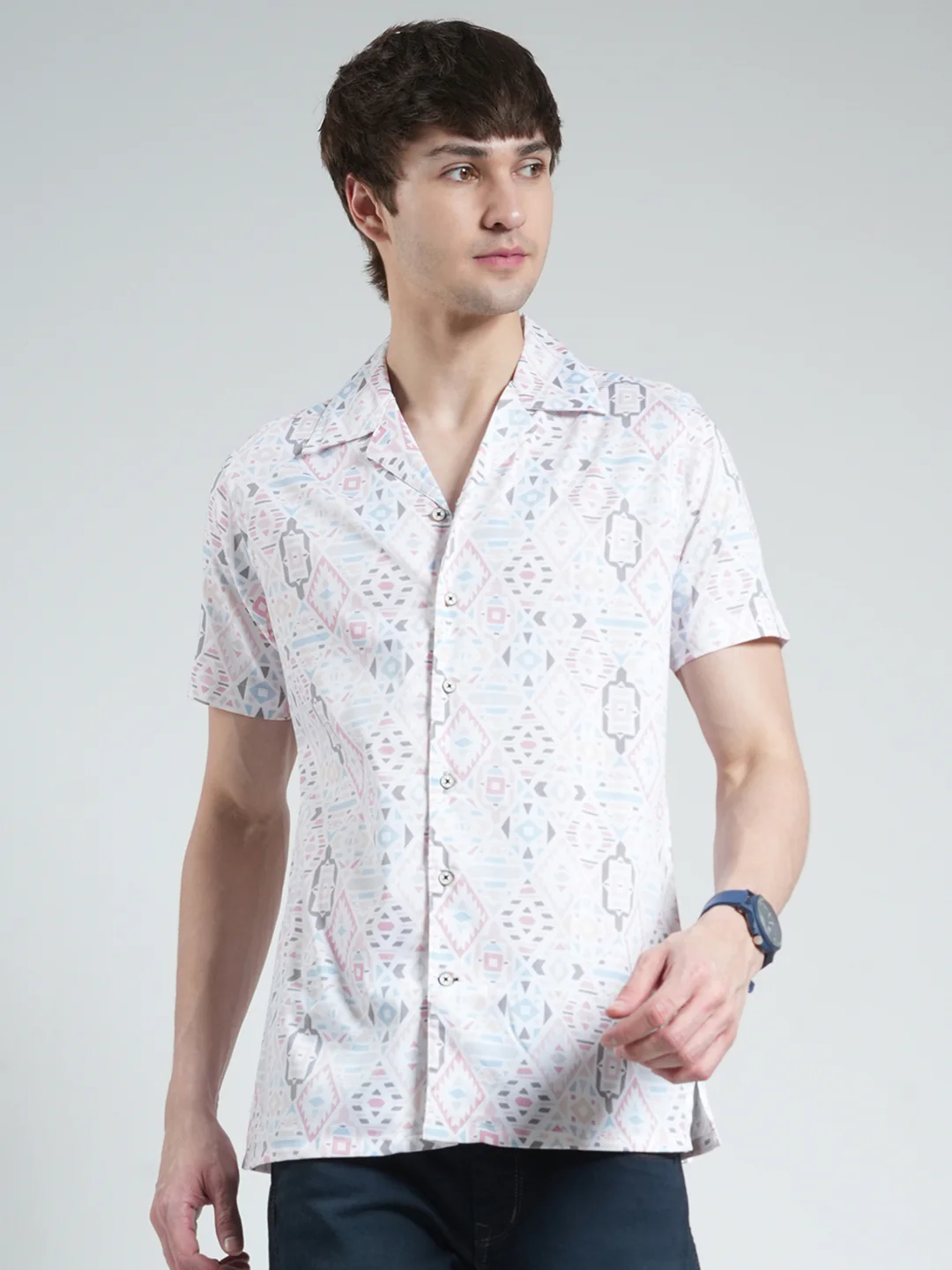 Men White Printed Collar Half Sleeve Shirt