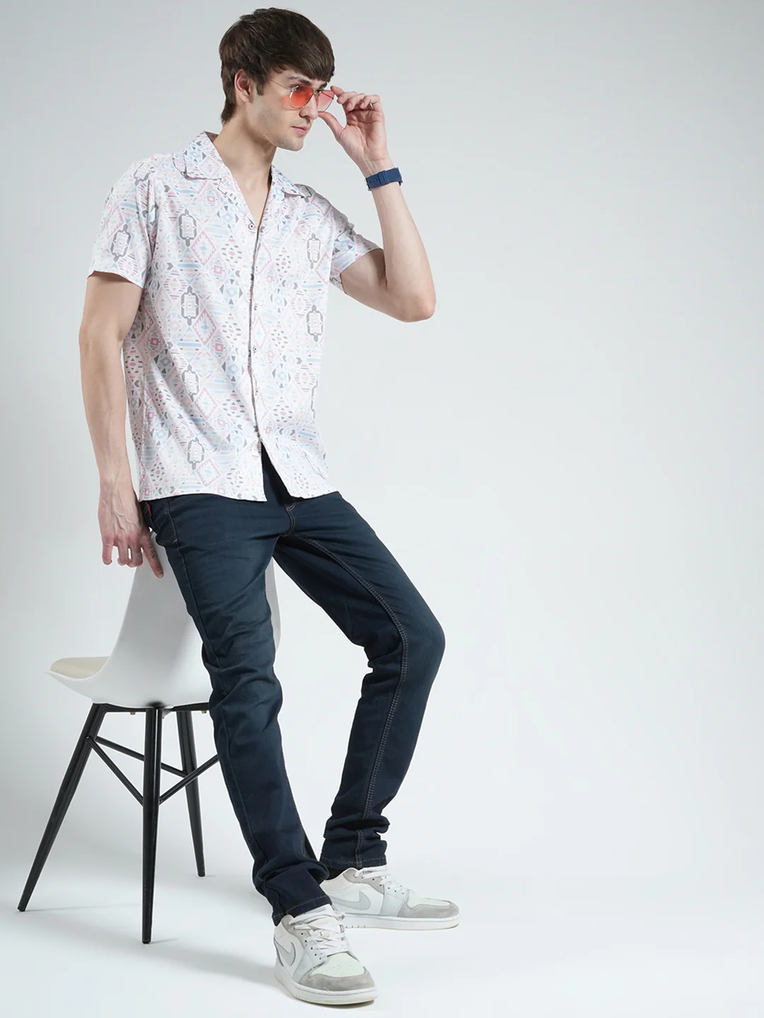 Men White Printed Collar Half Sleeve Shirt - Image 2