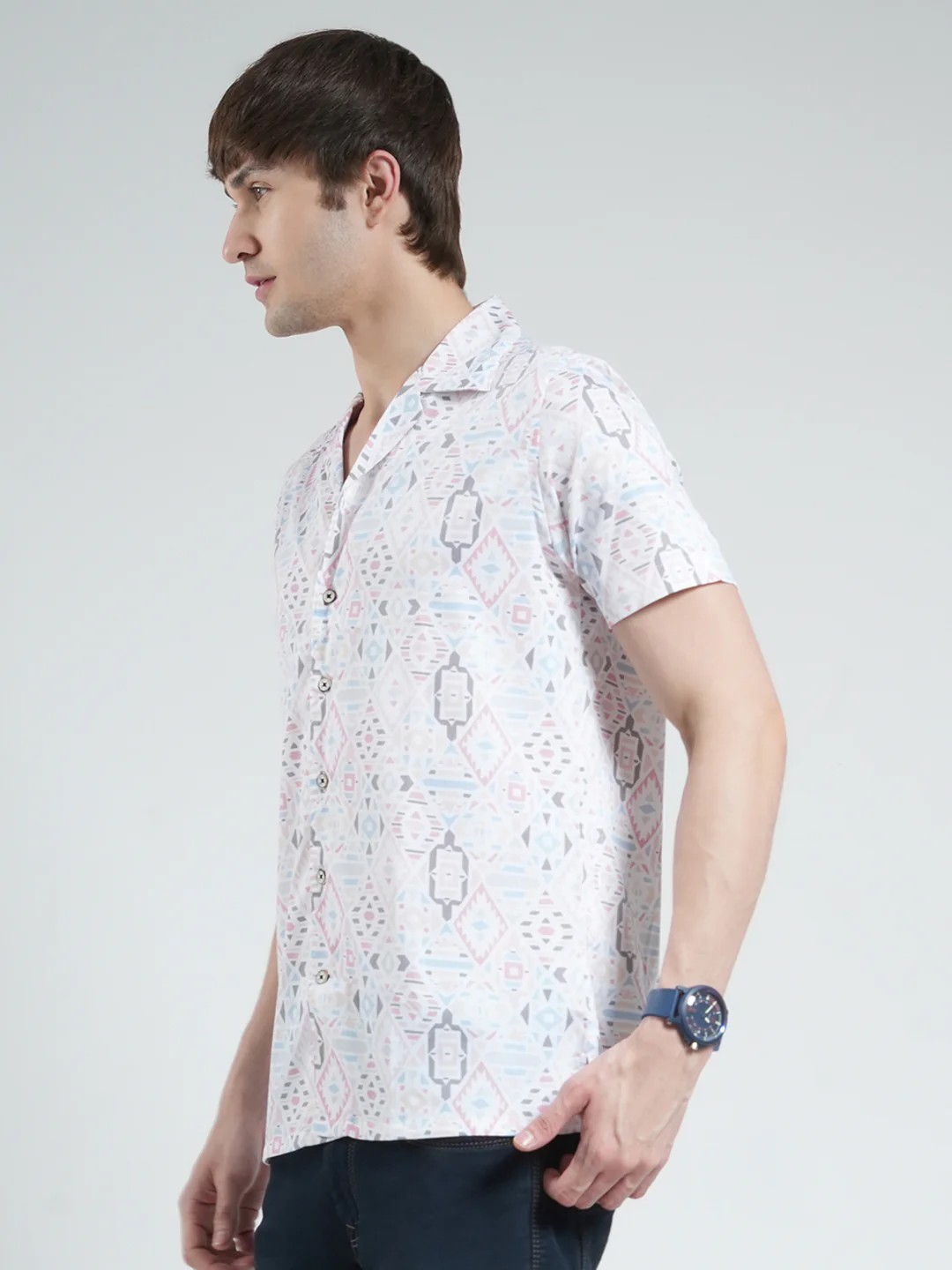 Men White Printed Collar Half Sleeve Shirt - Image 3