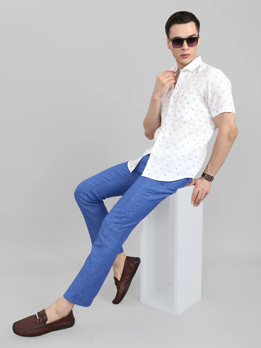 Men White Printed Collar Half Sleeve Shirt - Image 6