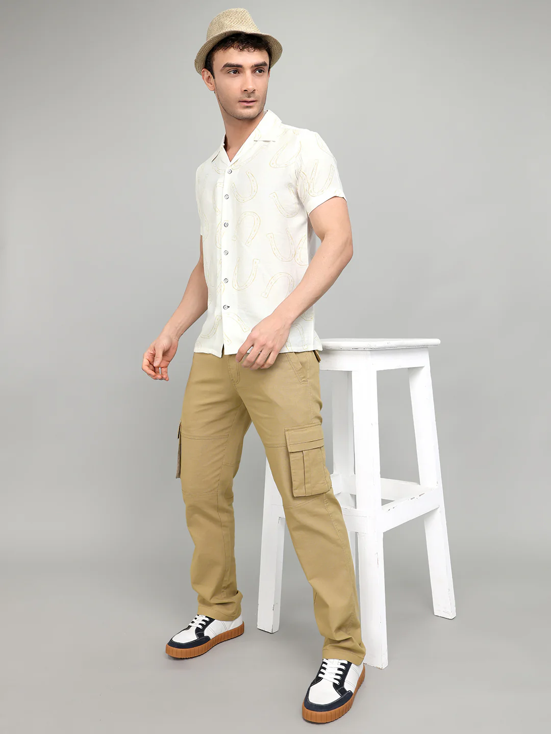 Men White Printed Collar Half Sleeve Shirt - Image 6
