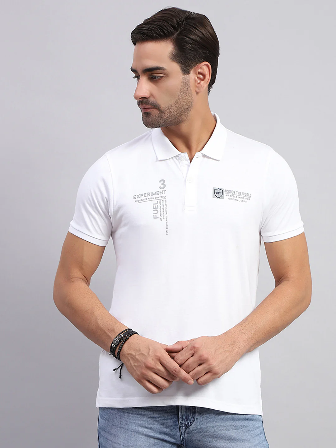 Men White Printed Collar Half Sleeve T-Shirt - Image 2
