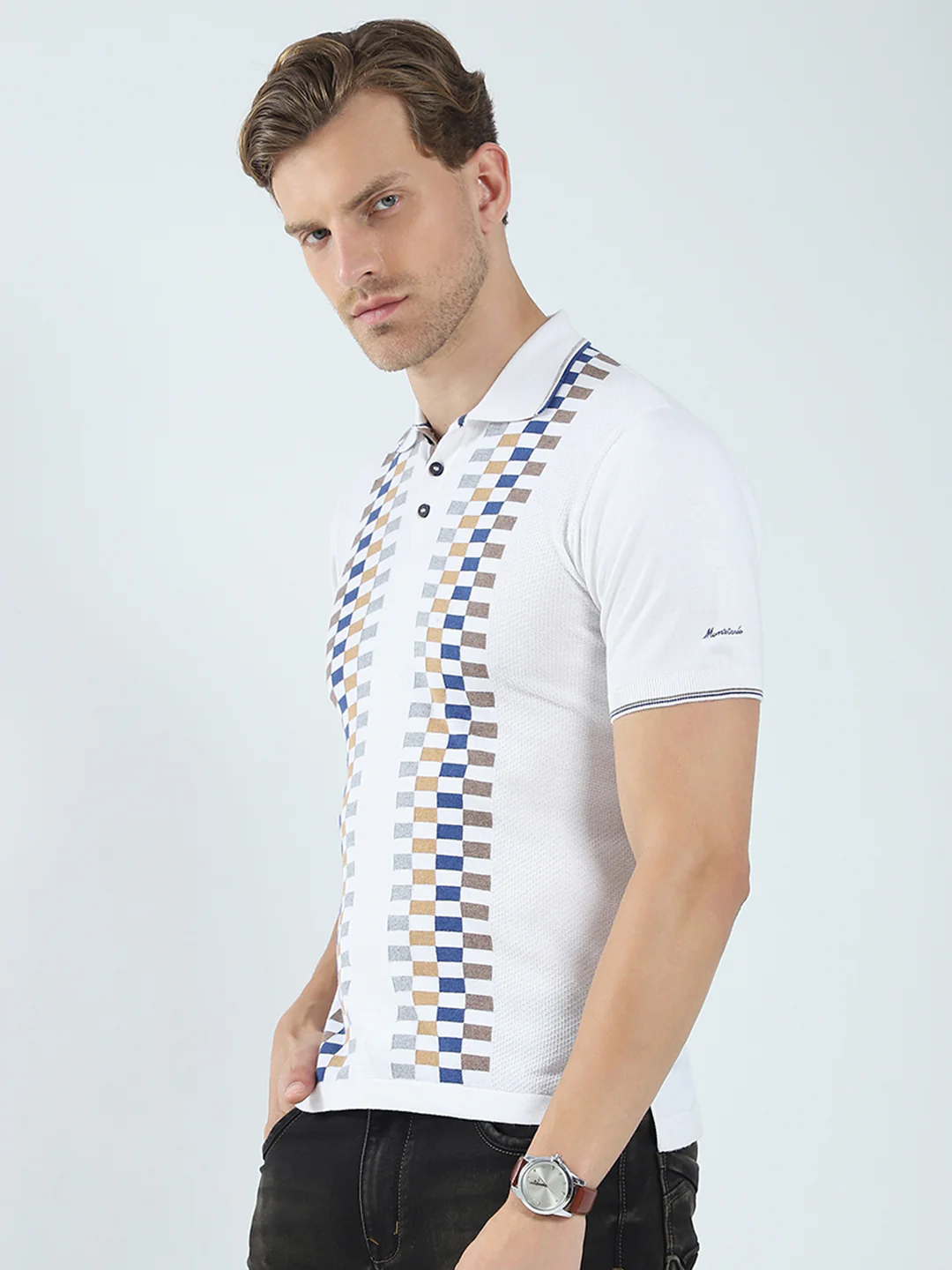 Men White Printed Collar Half Sleeve T-Shirt - Image 3