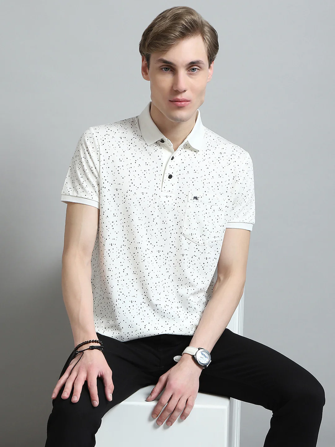 Men White Printed Collar Half Sleeve T-Shirt - Image 6
