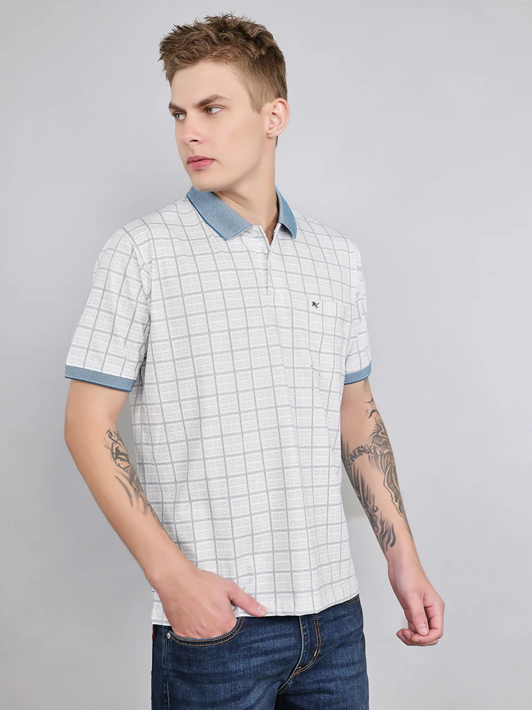 Men White Printed Collar Half Sleeve T-Shirt - Image 3