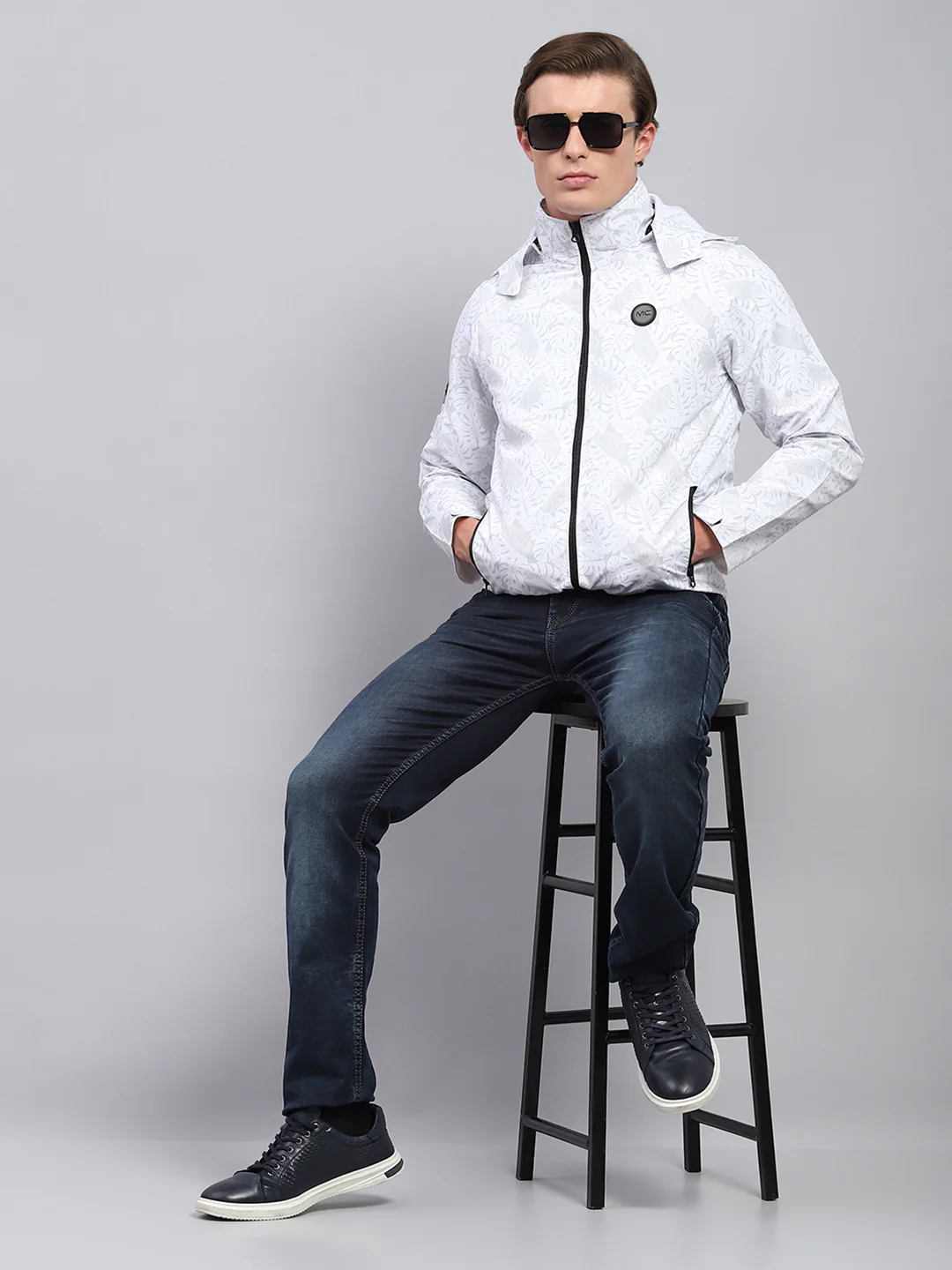 Men White Printed Detachable Hood Full Sleeve Jacket - Image 2