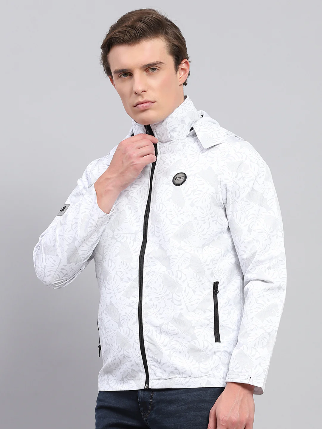 Men White Printed Detachable Hood Full Sleeve Jacket - Image 3