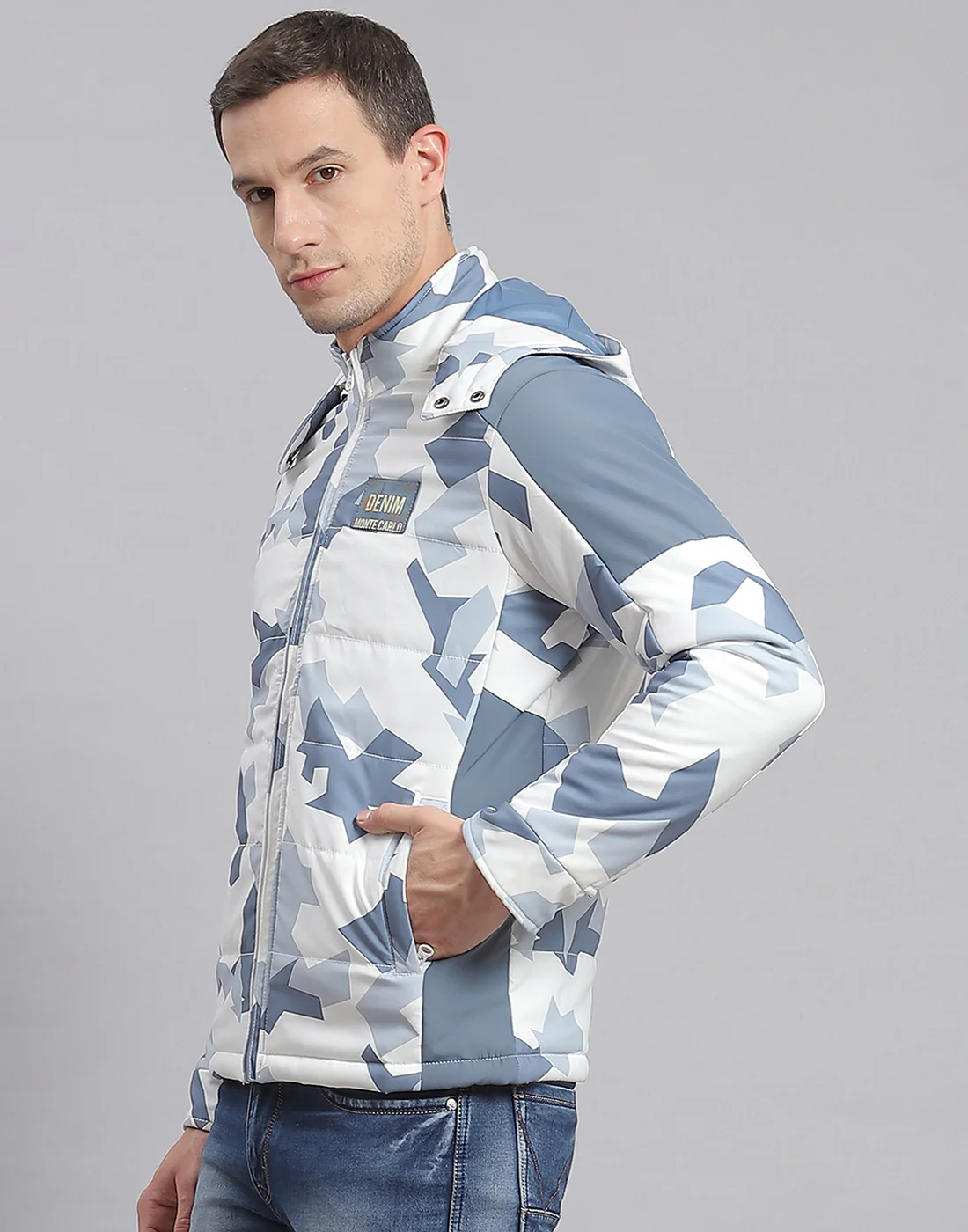 Men White Printed Hooded Full Sleeve Jacket - Image 3