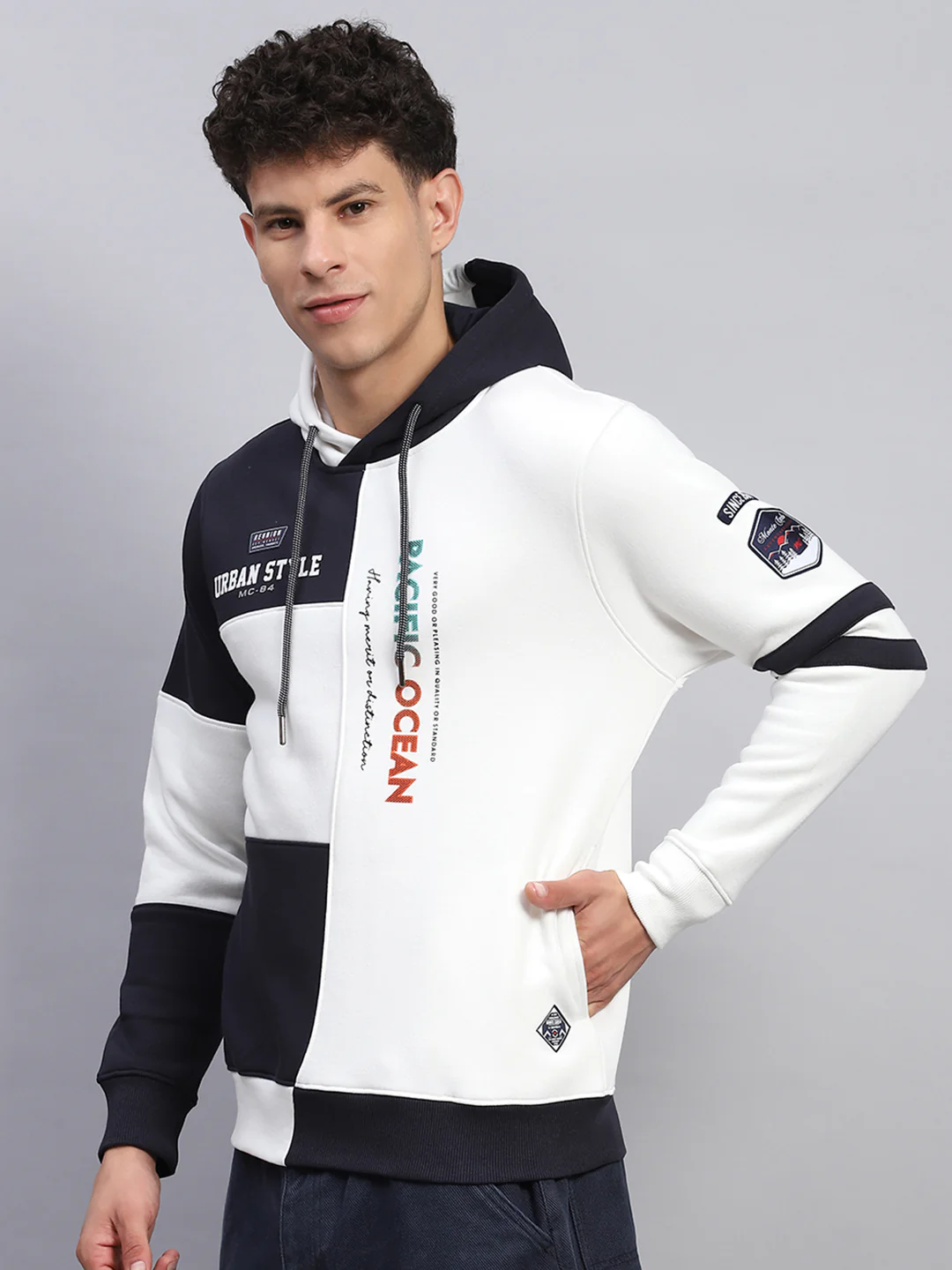 Men White Printed Hooded Full Sleeve Sweatshirt - Image 4