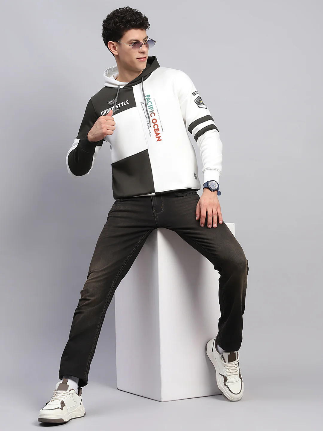 Men White Printed Hooded Full Sleeve Sweatshirt - Image 2