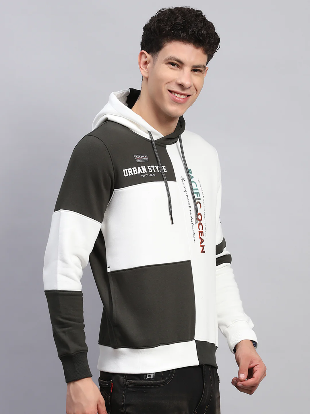 Men White Printed Hooded Full Sleeve Sweatshirt - Image 3