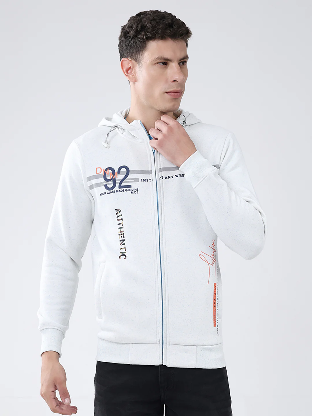Men White Printed Hooded Full Sleeve Sweatshirt