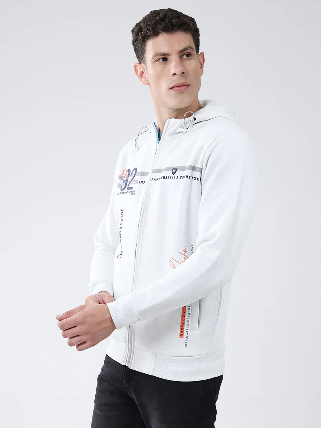 Men White Printed Hooded Full Sleeve Sweatshirt - Image 3