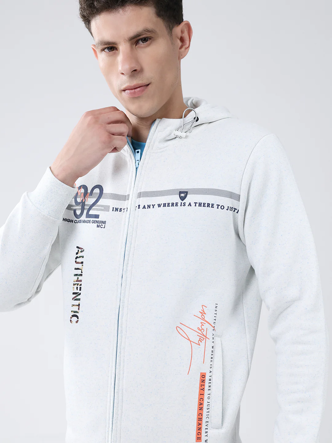 Men White Printed Hooded Full Sleeve Sweatshirt - Image 6