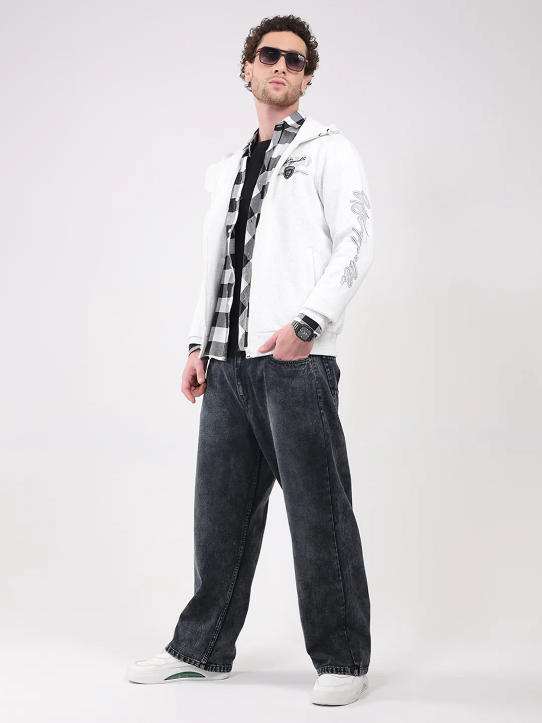 Men White Printed Hooded Full Sleeve Sweatshirt - Image 2