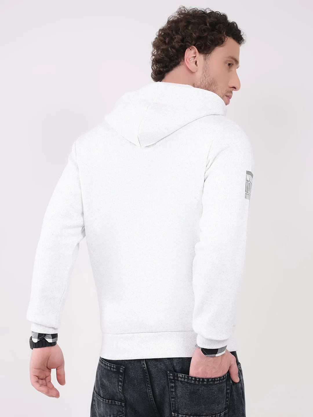 Men White Printed Hooded Full Sleeve Sweatshirt - Image 5