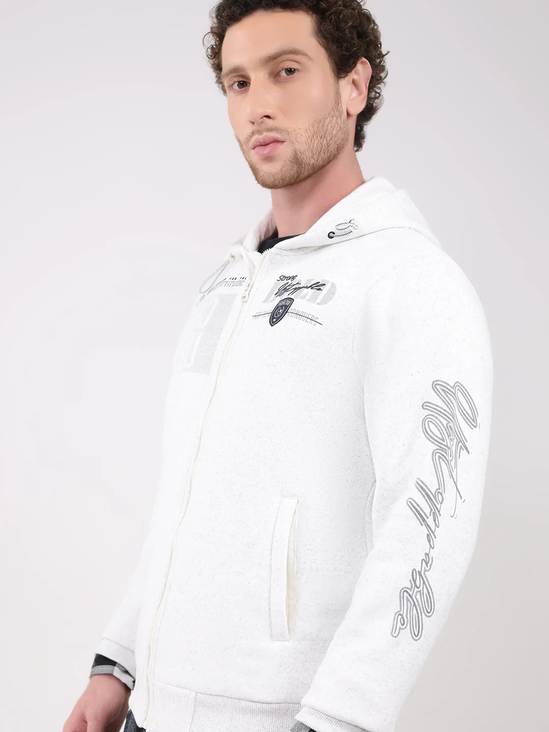 Men White Printed Hooded Full Sleeve Sweatshirt - Image 6