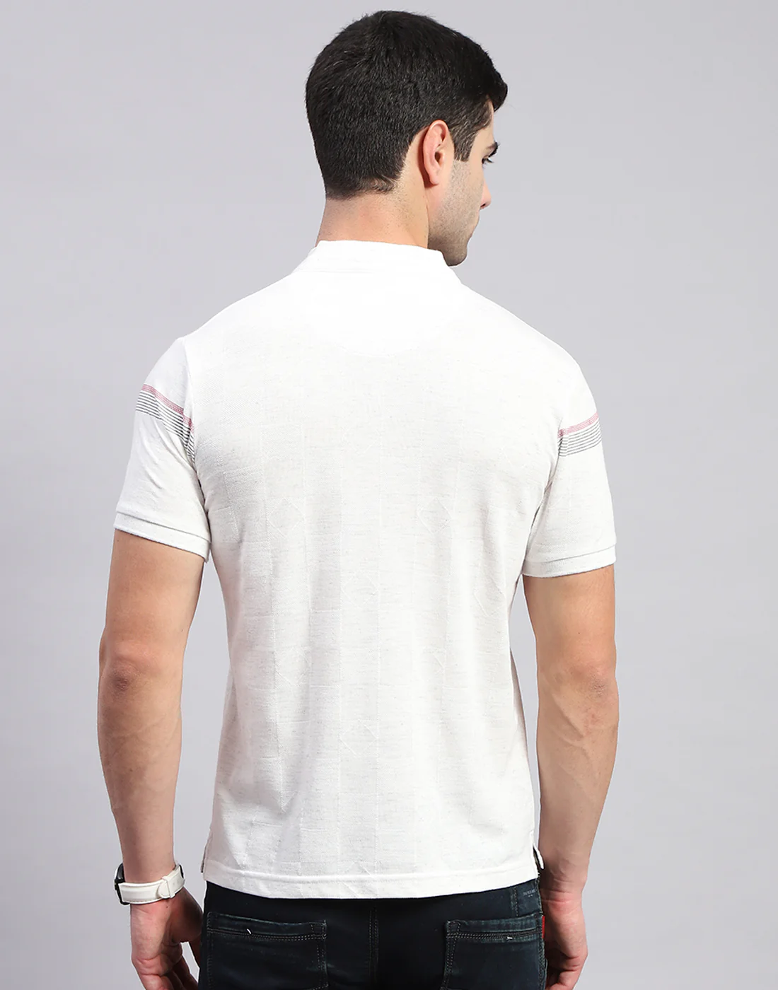 Men White Printed Mandarin Collar Half Sleeve T-Shirt - Image 5