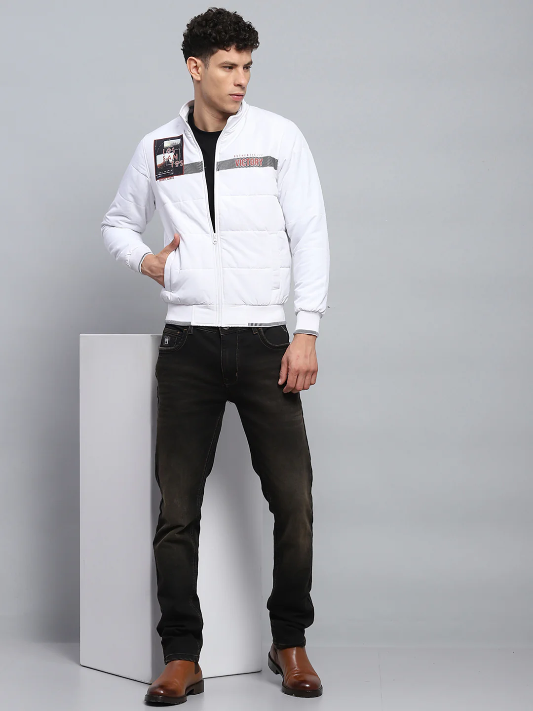 Men White Printed Mock Neck Full Sleeve Jacket - Image 2