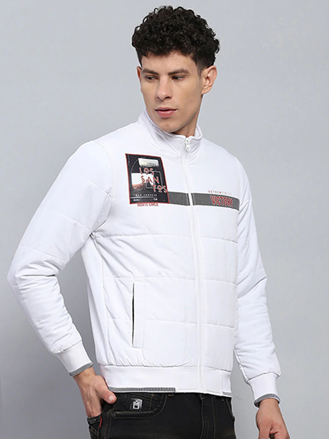 Men White Printed Mock Neck Full Sleeve Jacket - Image 4