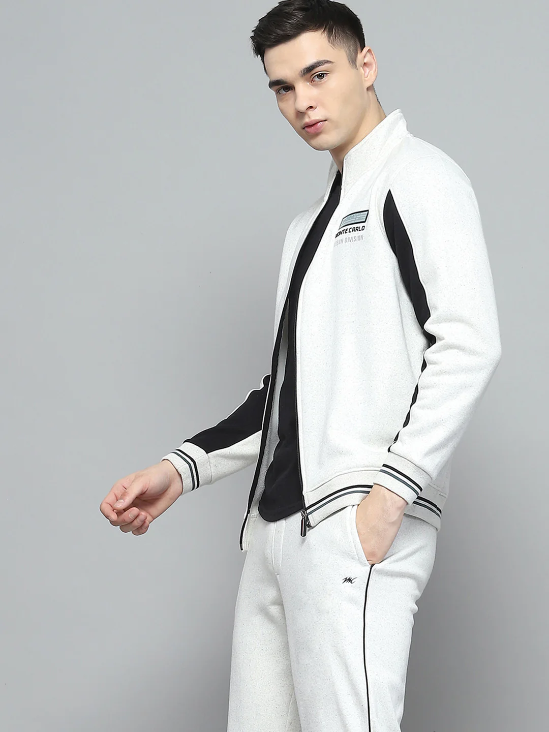 Men White Printed Mock Neck Full Sleeve Winter Tracksuit - Image 6